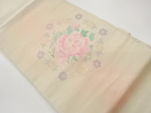 銀駒刺繍花葉模様名古屋帯